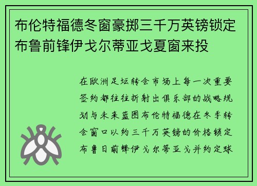布伦特福德冬窗豪掷三千万英镑锁定布鲁前锋伊戈尔蒂亚戈夏窗来投