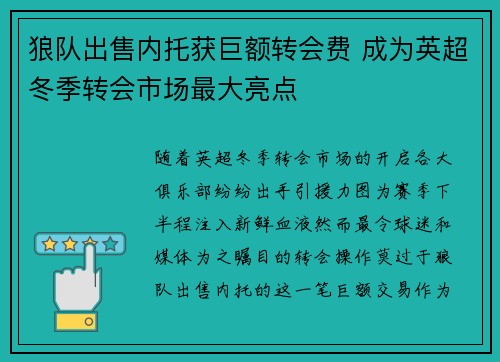 狼队出售内托获巨额转会费 成为英超冬季转会市场最大亮点